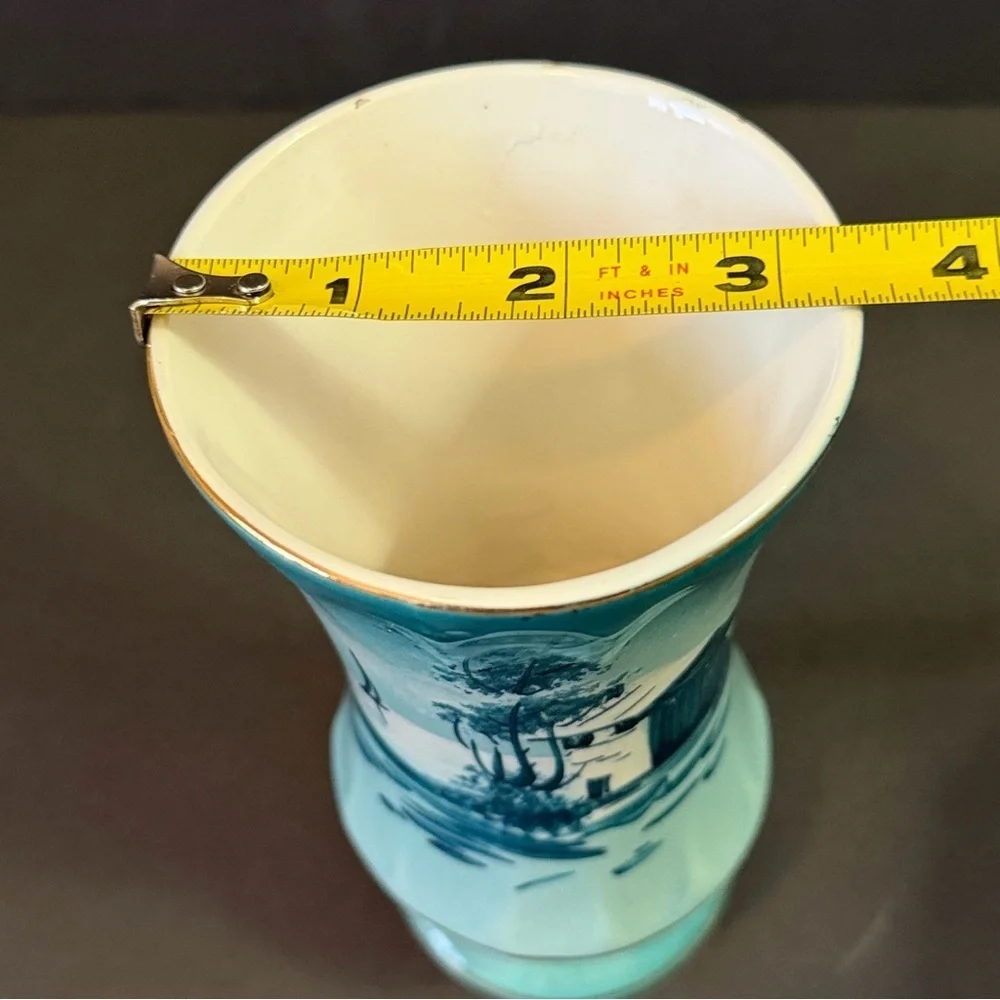 Nautical Porcelain Vase Portugal Teal Blue Sailboat Hand Painted Mid Century H h